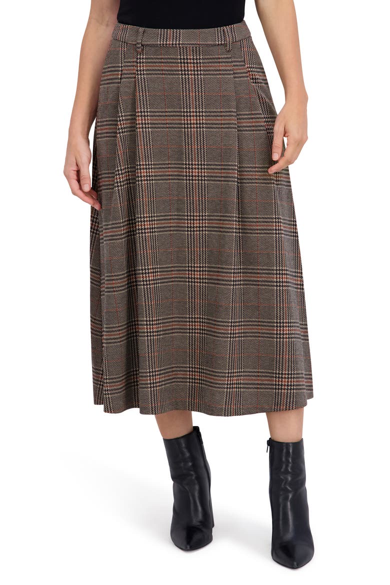 Plaid Pleated Midi Skirt, Main, color, BLACK/ BROWN/ CAMEL