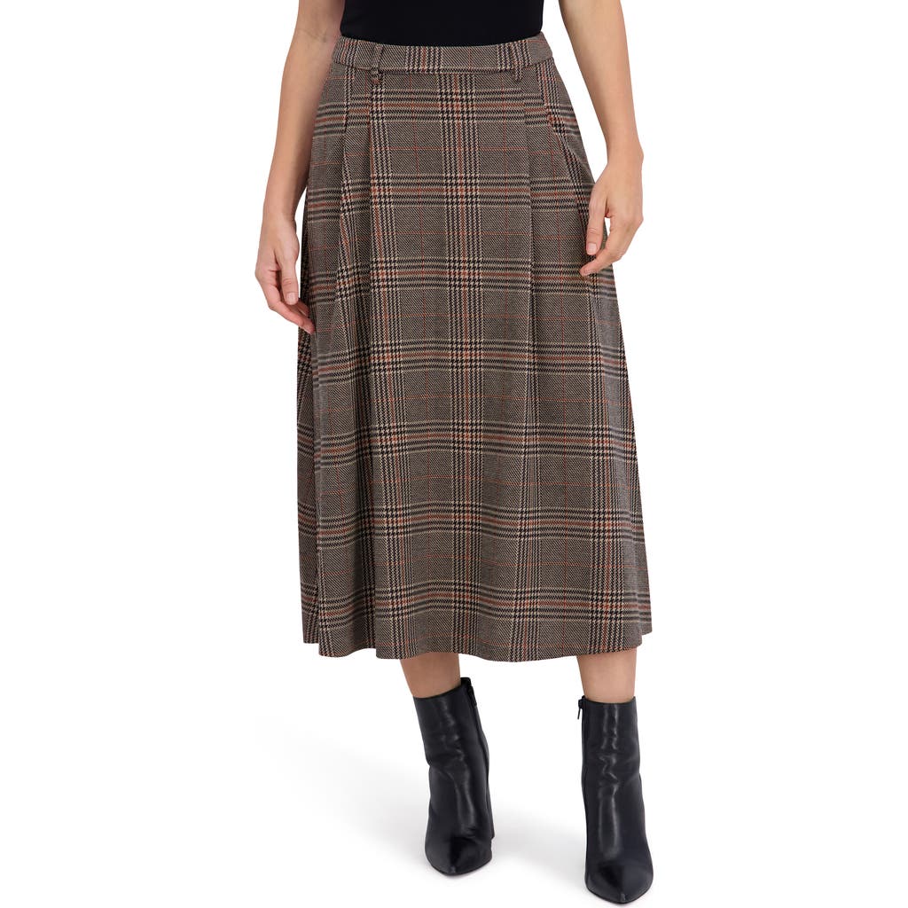 Ookie & Lala Plaid Pleated Midi Skirt In Brown