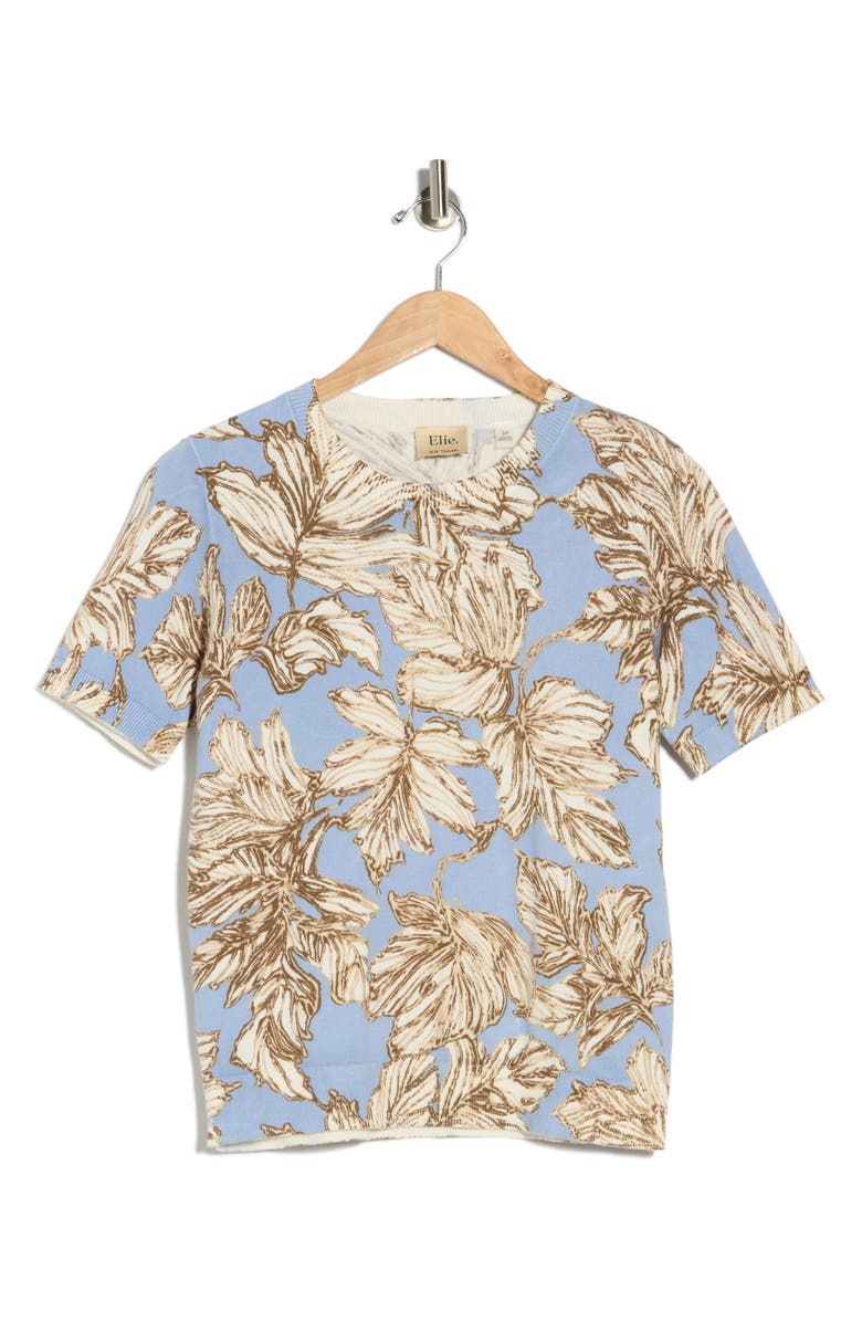 ELIE ELIE TAHARI Leaf Print Short Sleeve Sweater, Main, color, Blue Ground W/ Abstract Leaf