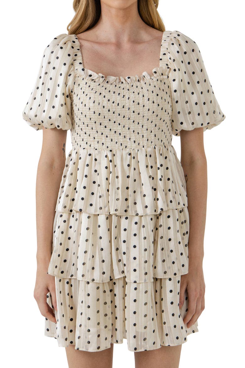 Polka Dot Multi Tiered Short Sleeve Dress, Alternate, color, CREAM