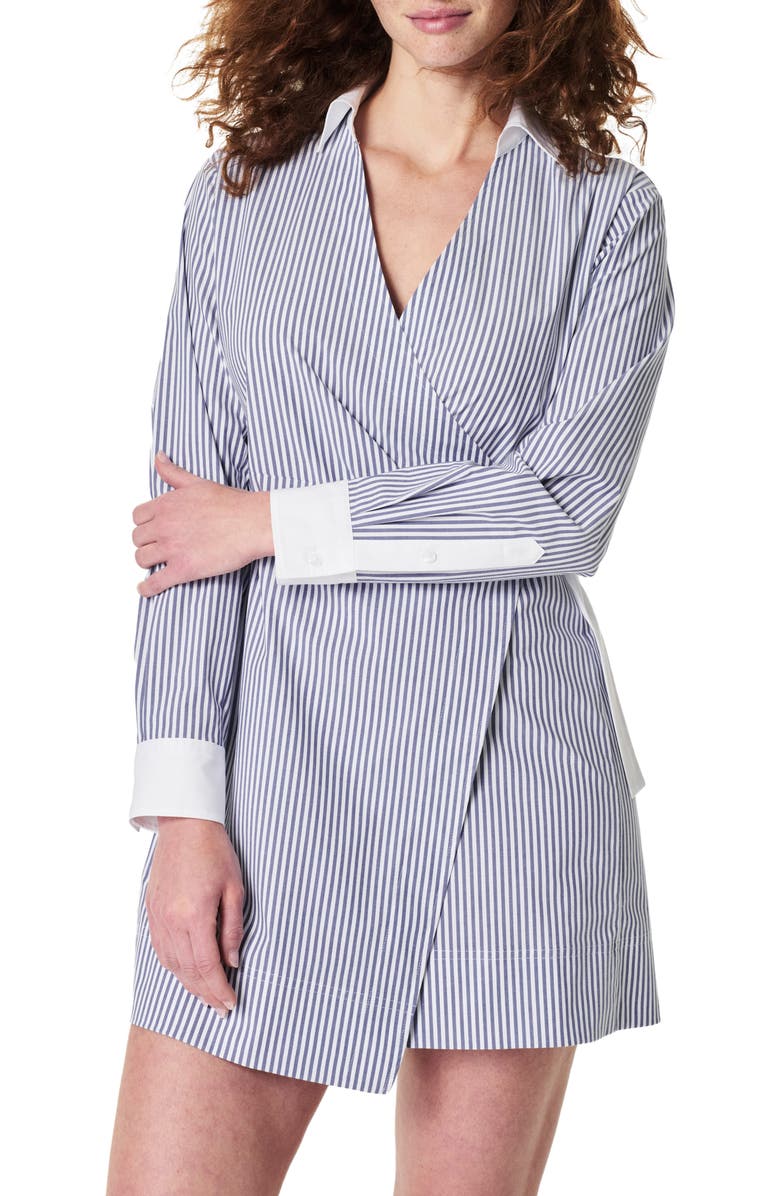 SPANX<sup>®</sup> The Best Stretch Cotton Poplin Wrap Shirtdress, Alternate, color, White/Postalbl