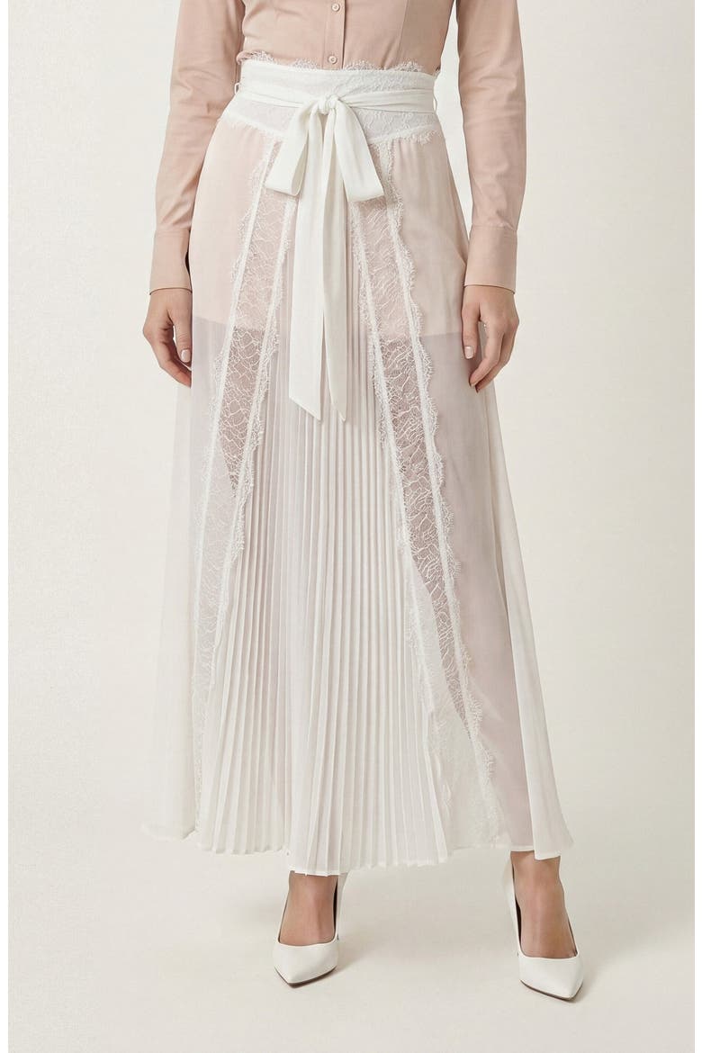 Sheer Lace Panel Pleated Maxi Skirt, Main, color, Ivory