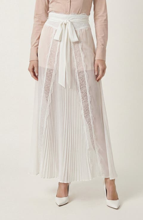 Sheer Lace Panel Pleated Maxi Skirt