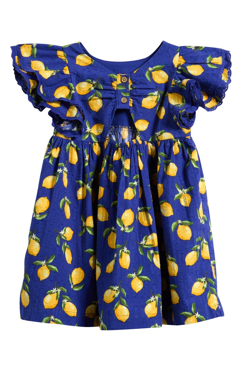 NEXT Kids' Lemon Print Angel Sleeve Cotton Jacquard Dress, Alternate, color, Blue