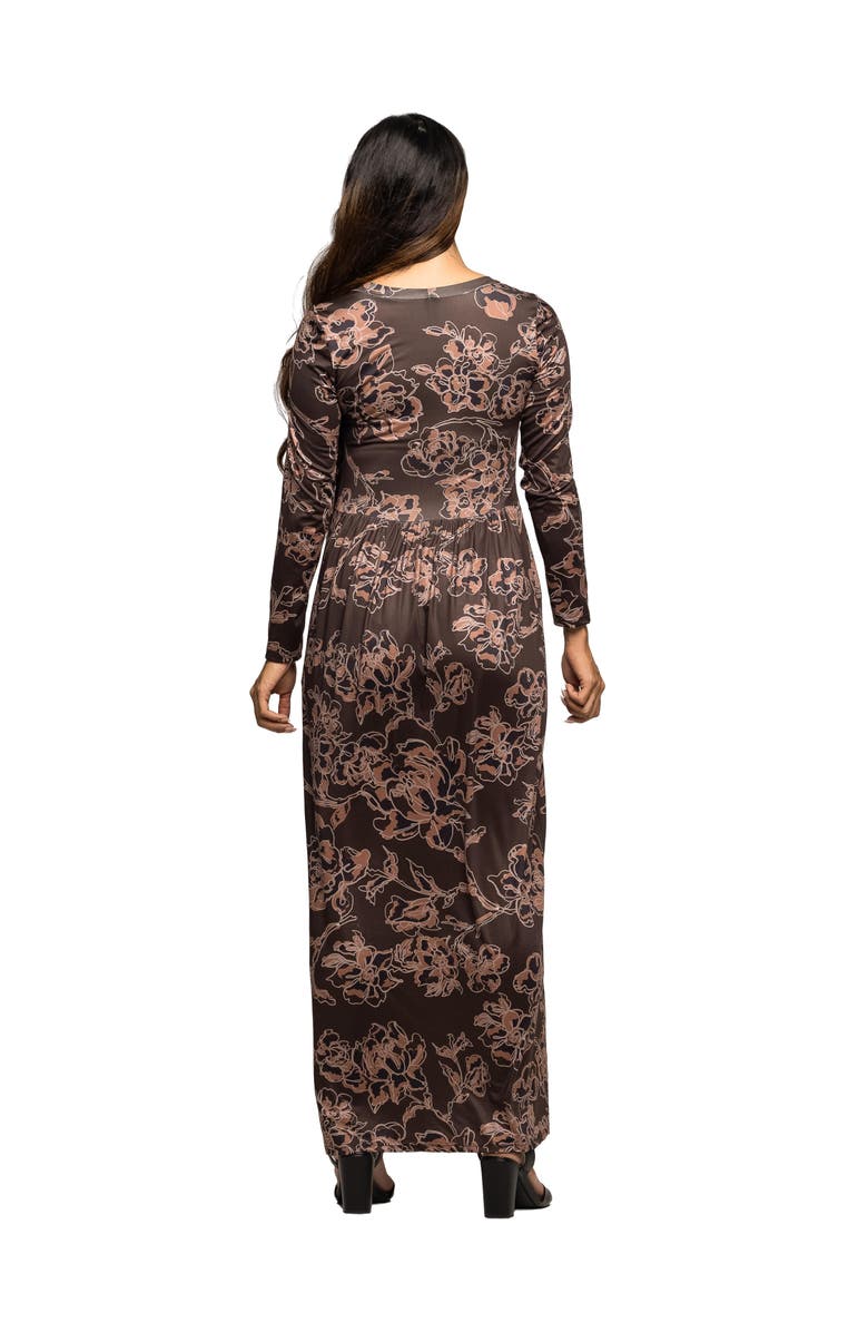 24seven Comfort Apparel Floral Long Sleeve Scoop Neck Maxi Dress, Alternate, color, Brown Multi
