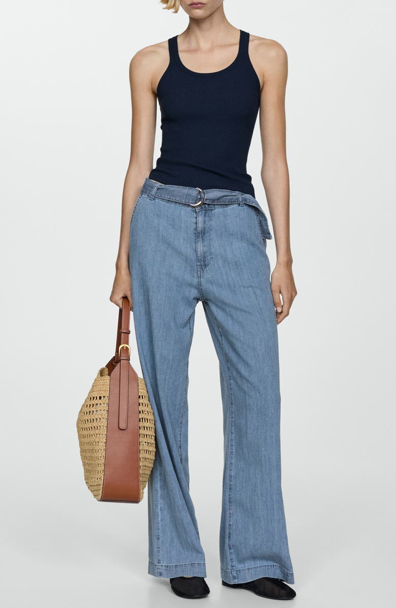 MANGO Belted Denim Wide Leg Pants, Alternate, color, 