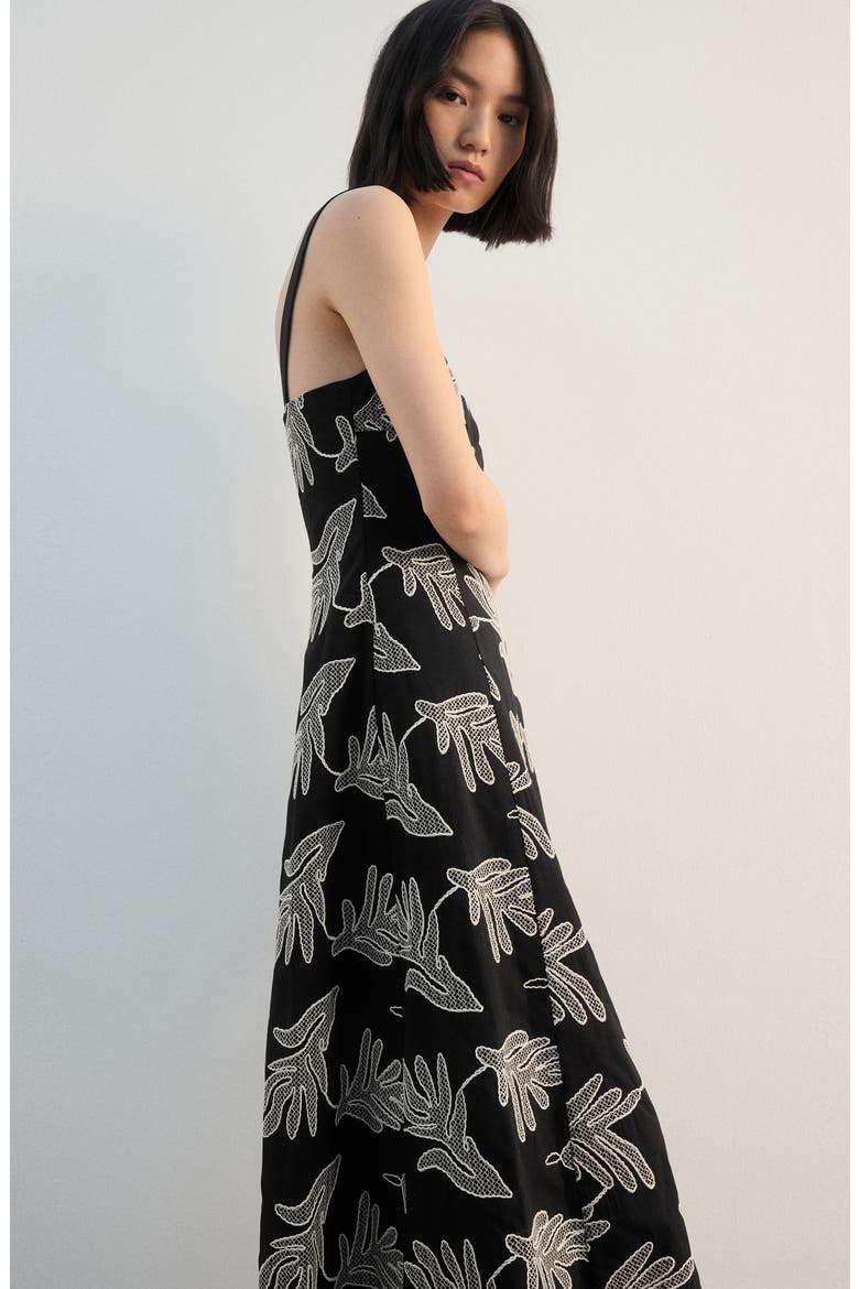 Embroidered A-Line Midi Dress, Alternate, color, BLACK