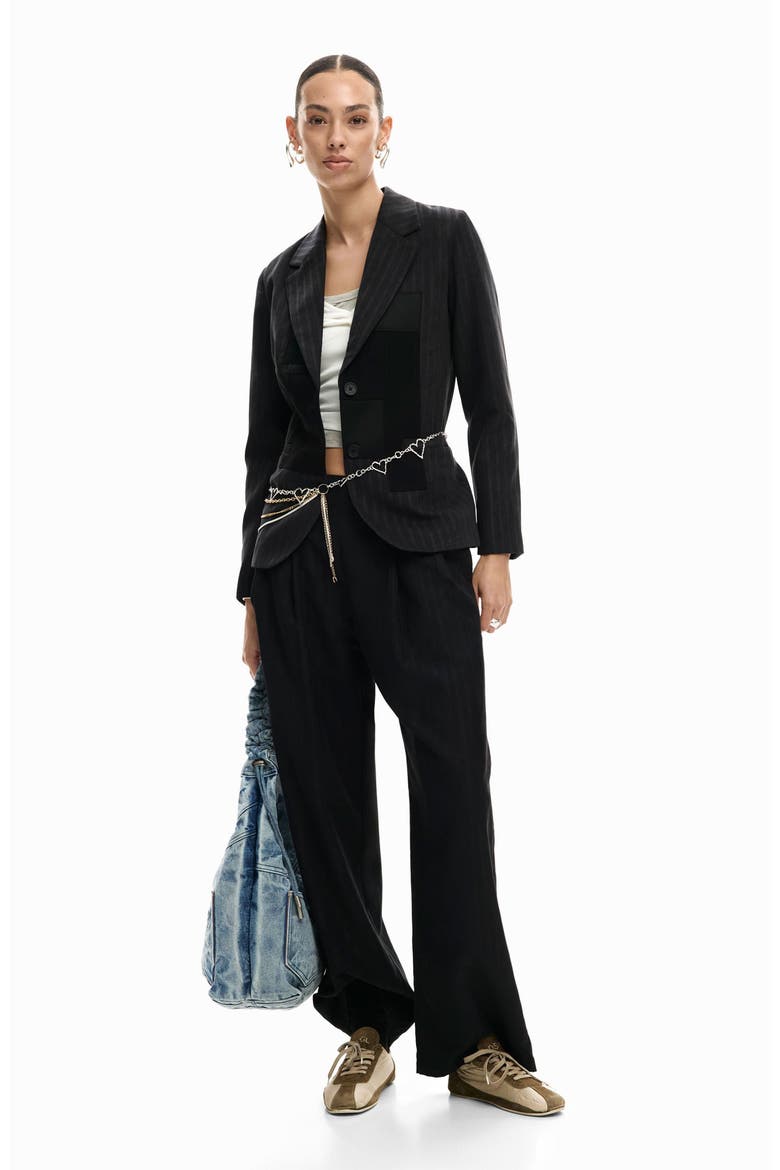 Mixed Media Pinstripe Single Breasted Blazer, Alternate, color, DARK GREY
