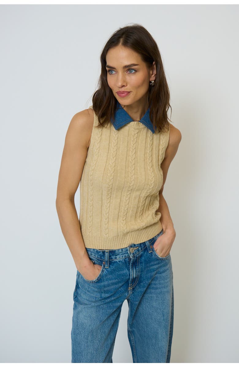 Central Park West Dash Denim Collared Shell, Main, color, Oat