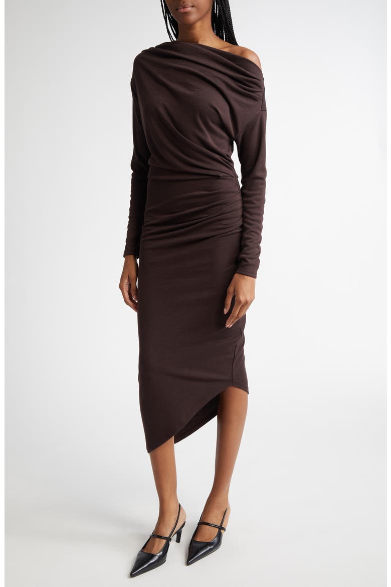 Fleur One-Shoulder Long Sleeve Asymmetric Dress, Alternate, color, BROWN