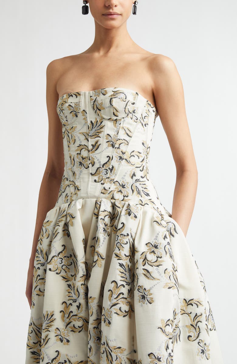 Carolina Herrera Trellis Jacquard Strapless Gown, Alternate, color, Ivory Multi
