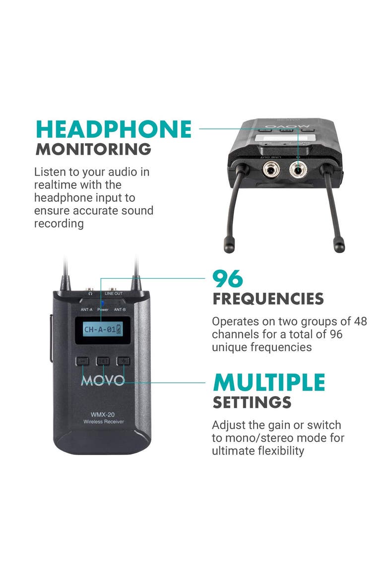 WMX-20-DUO 48-Channel UHF Wireless Lavalier Microphone System Compatible with DSLR Cameras, Alternate, color, Black