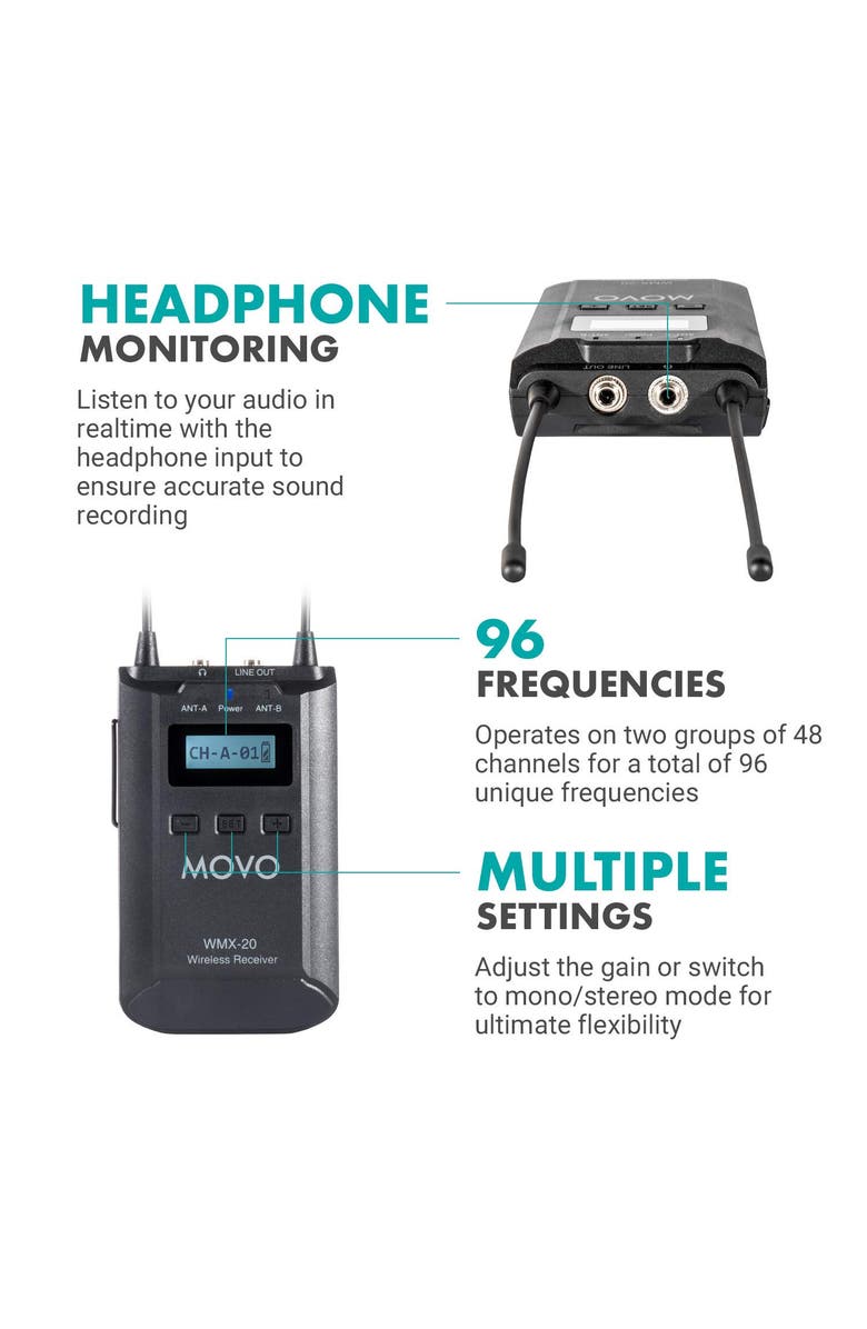 MOVO WMX-20-DUO 48-Channel UHF Wireless Lavalier Microphone System Compatible with DSLR Cameras, Alternate, color, Black