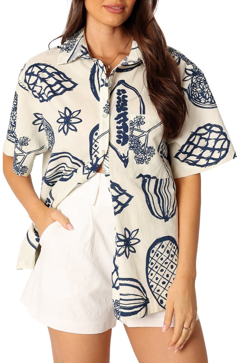 Zayd Botanical Print Short Sleeve Cotton & Linen Button-Up Shirt, Main, color, NAVY