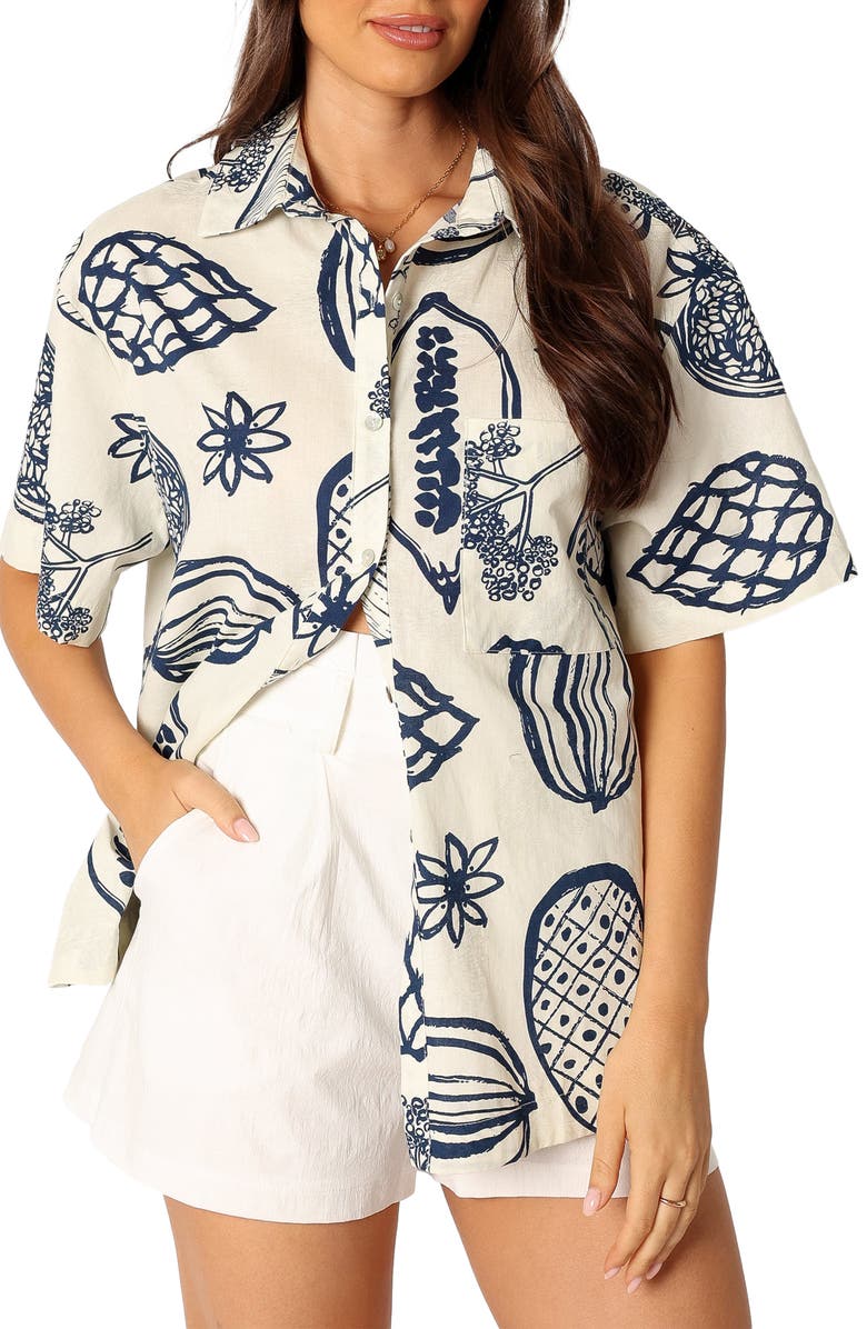Petal & Pup Zayd Botanical Print Short Sleeve Cotton & Linen Button-Up Shirt, Main, color, Navy