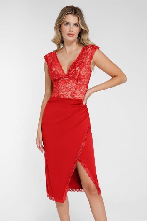 Popilush Shapewear Sculpting Lace Bodysuit Or Midi Skirt Or Shrug In Cherry Red