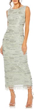 Mac Duggal Sleeveless Crystal Fringe Column Dress