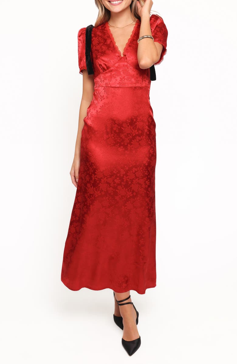Petal & Pup Lomandra Brocade & Velvet Tie Maxi Dress, Main, color, Red Jacquard