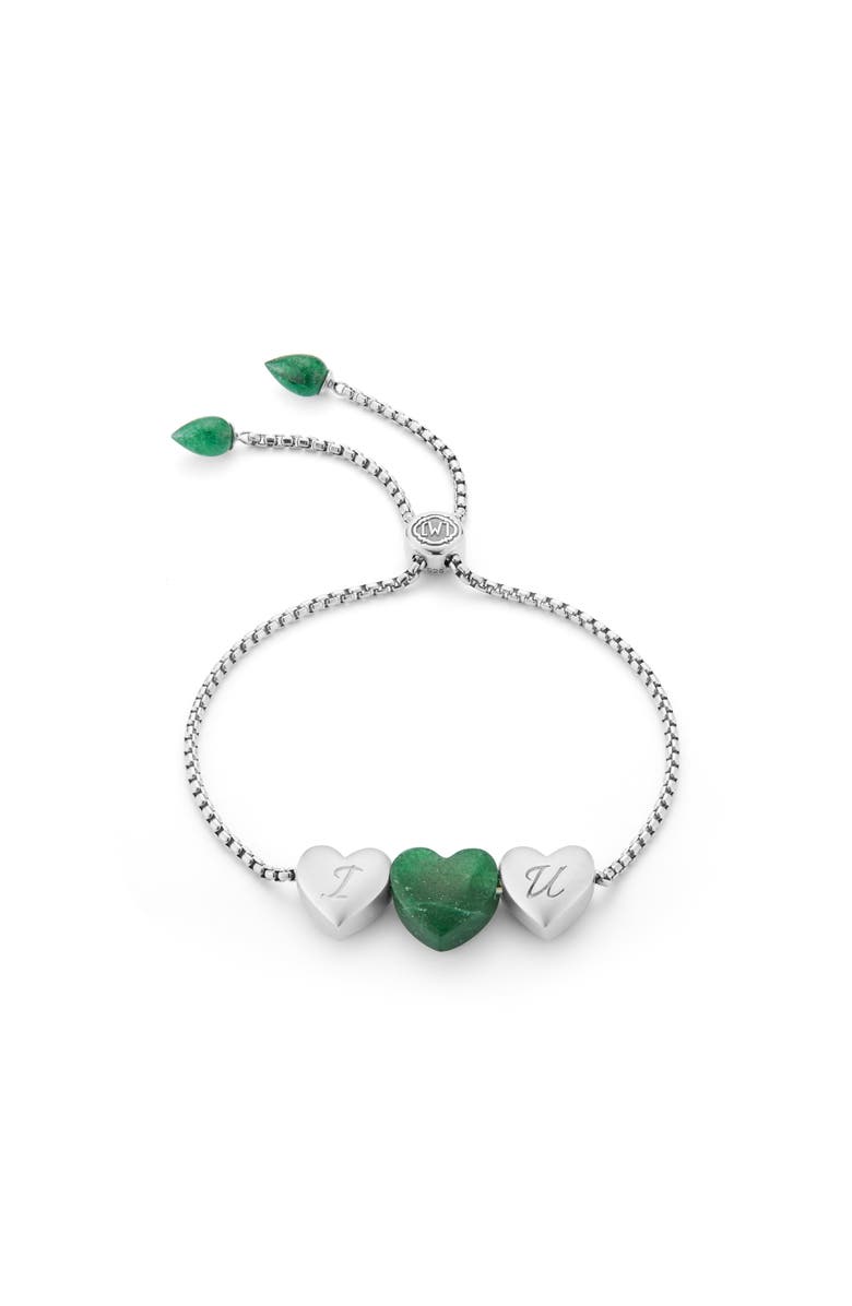 LuvMyJewelry Luv Me Love Heart Green Aventurine Gemstone Sterling Silver Bolo Adjustable Bracelet, Main, color, Silver