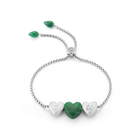 Luv Me Love Heart Green Aventurine Gemstone Sterling Silver Bolo Adjustable Bracelet