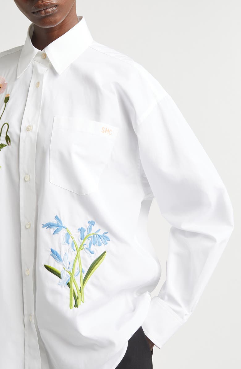 Stella McCartney Floral Embroidered Cotton Oxford Button-Up Shirt, Alternate, color, Pure White