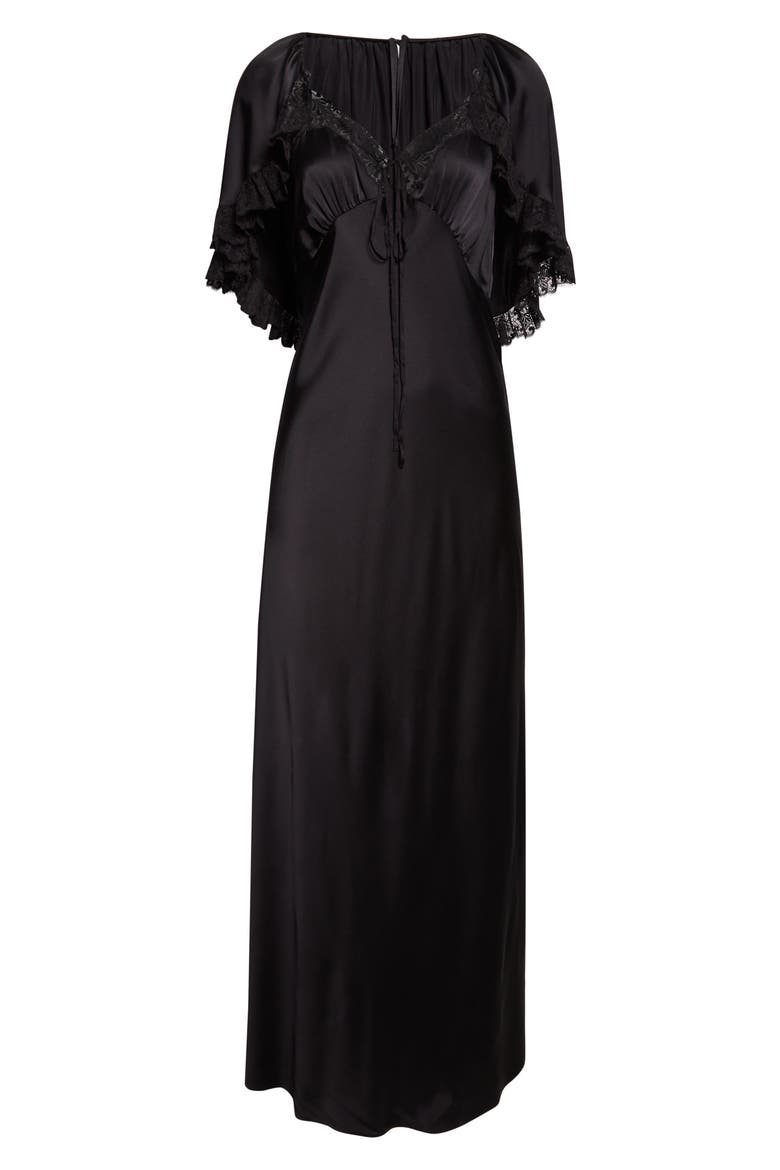 Lace Trim Silk Maxi Dress, Alternate, color, BLACK