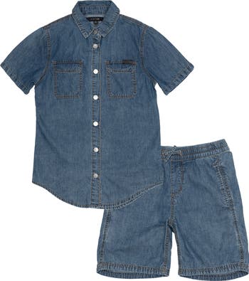 Chambray Short Sleeve Button-Up Shirt & Shorts Set