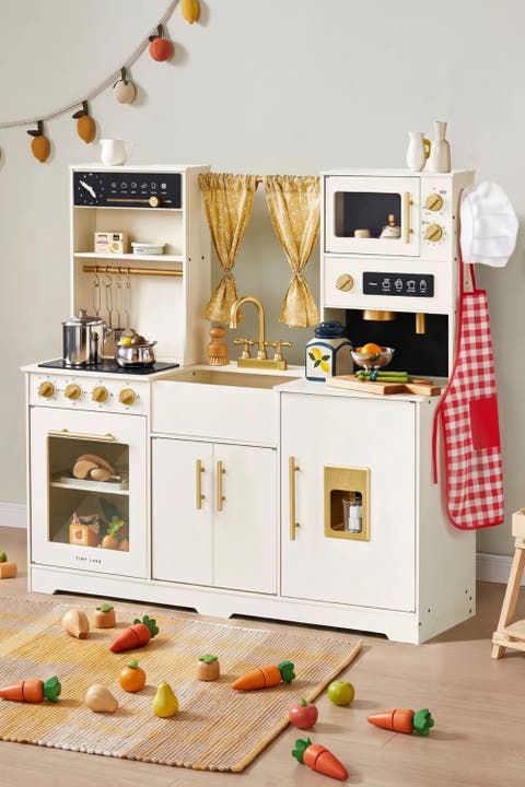 Cream Wooden Play Kitchen Set with Apron Chef Hat for Kids