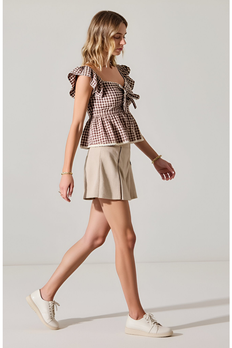 Gingham Peplum Top with Flutter Sleeves and Front Tie Detail, Alternate, color, Gingham