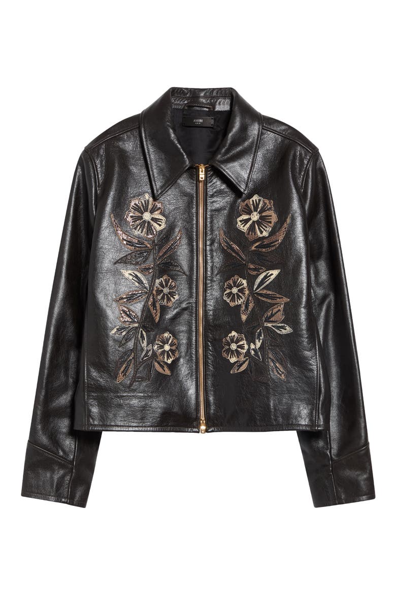 Floral Leather Blouson Jacket, Main, color, COFFEE