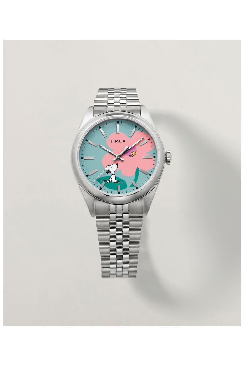 Peanuts® x Timex Legacy Snoopy with Flower Dial 36mm Stainless Steel Bracelet Watch, Alternate, color, SILVER-TONE