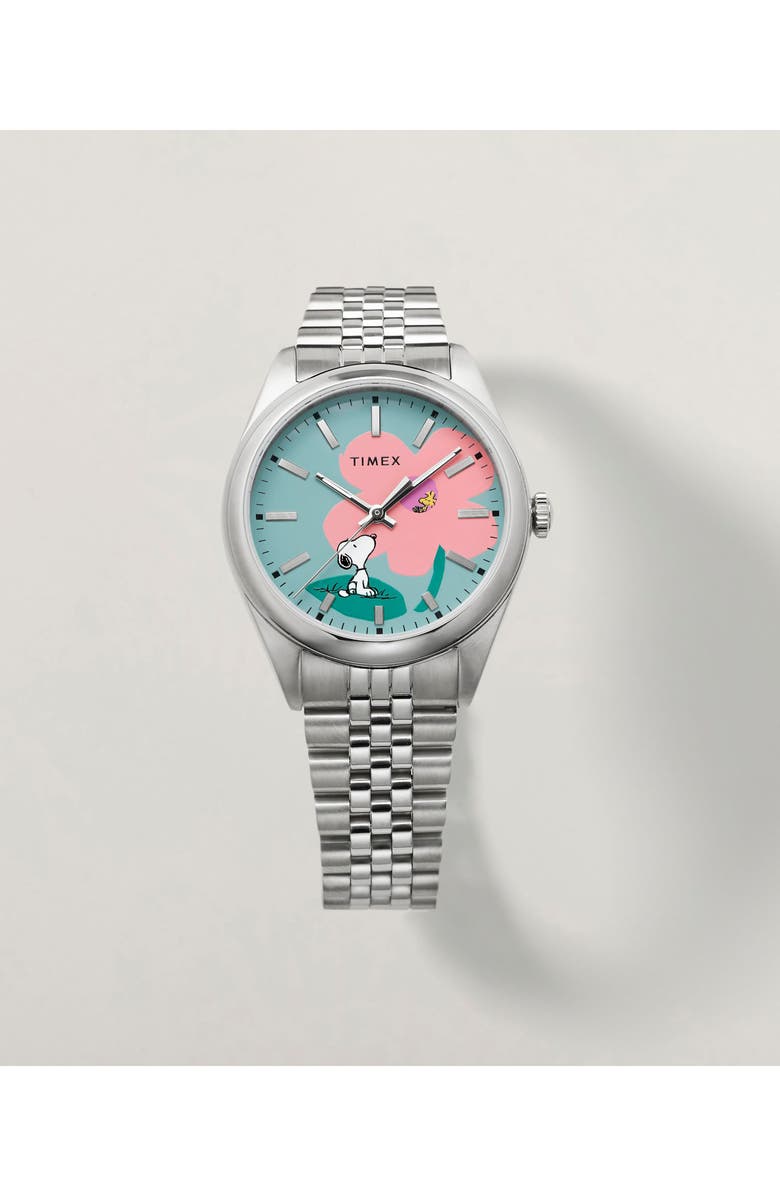 Timex<sup>®</sup> Peanuts<sup>®</sup> x Timex Legacy Snoopy with Flower Dial 36mm Stainless Steel Bracelet Watch, Alternate, color, Silver-Tone