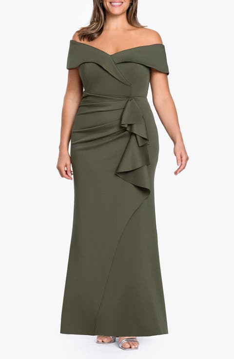 Off the Shoulder Ruffle Scuba Knit Gown (Plus Size)