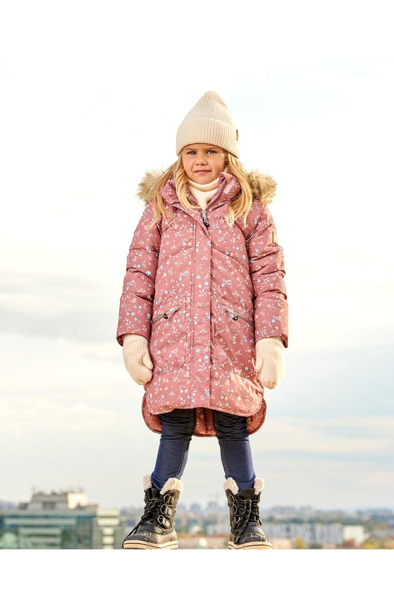 Deux par Deux Girl's Puffy Long Coat Dusty Pink With Small Flowers, Alternate, color, 