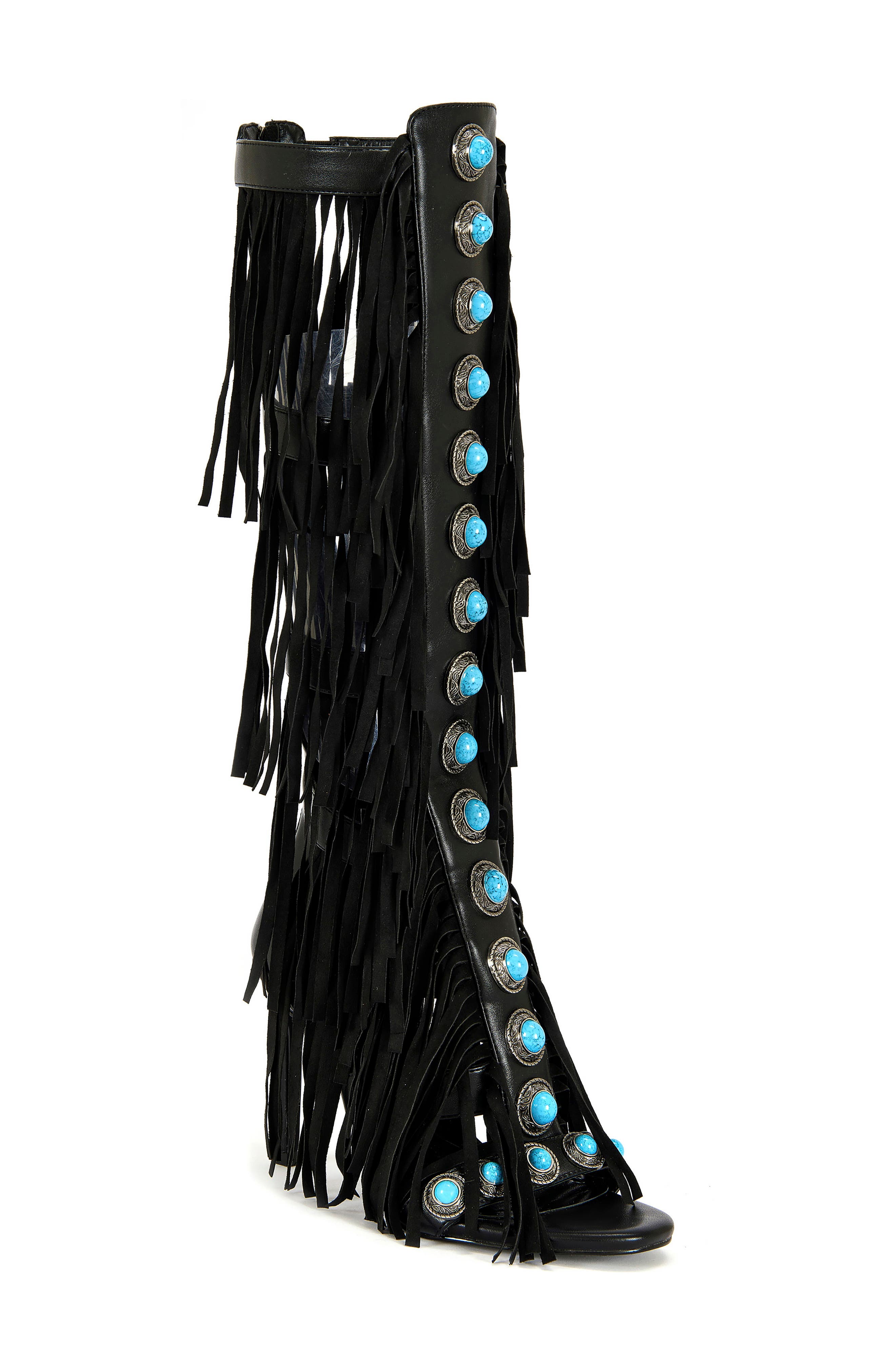AZALEA WANG Amadeo Knee High Fringe Sandal, Main, color, Black