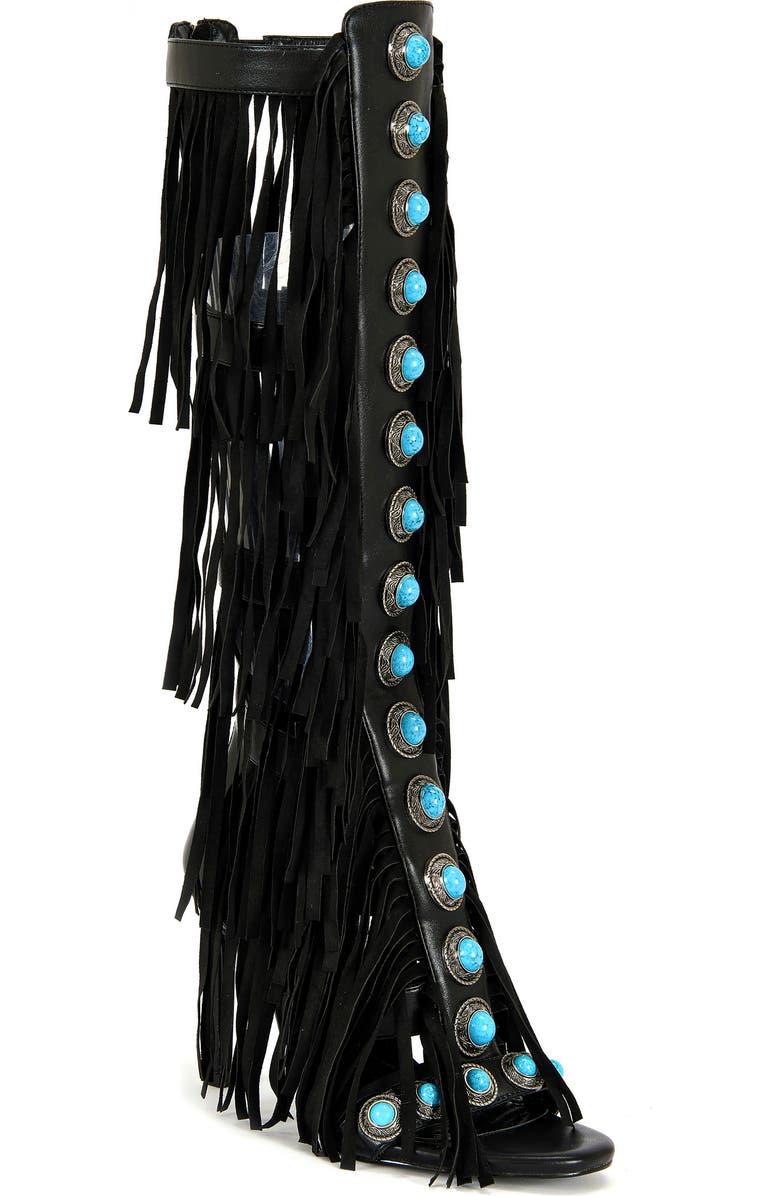 AZALEA WANG Amadeo Knee High Fringe Sandal, Main, color, Black