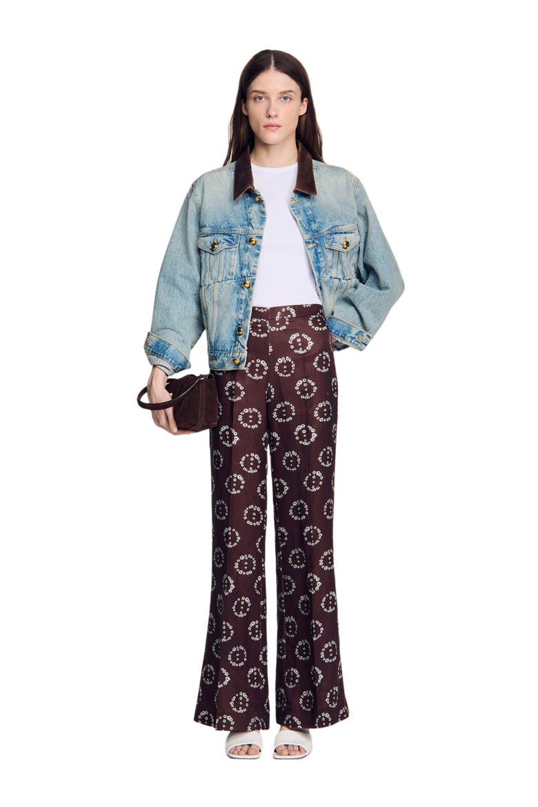 Floral-print floaty trousers, Alternate, color, Brown