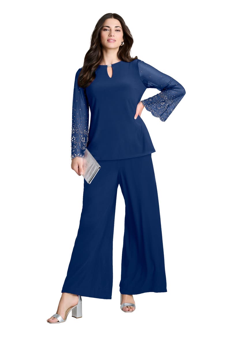 Mesh Overlay Embellished Top, Main, color, EVENING BLUE