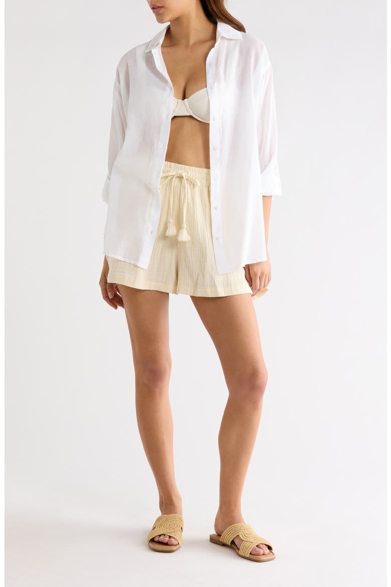 Printed Semisheer Cotton Button-Up Cover-Up Shirt, Main, color, WHITE