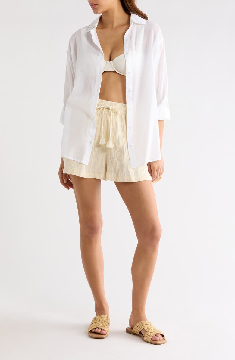 Elan Printed Semisheer Cotton Button-Up Cover-Up Shirt, Main, color, White