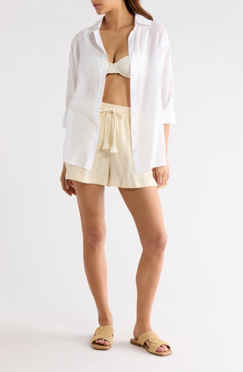 Printed Semisheer Cotton Button-Up Cover-Up Shirt