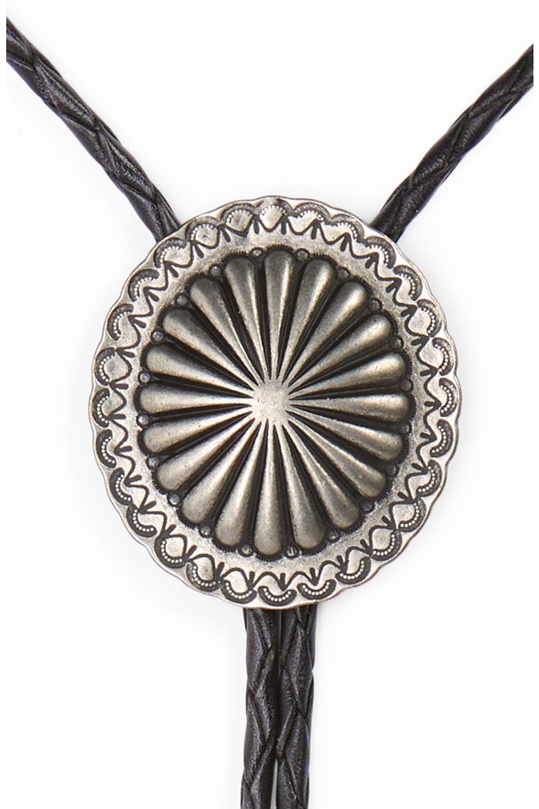 Leather Bolo Tie with Concho, Alternate, color, BLACK/VTG SILVER