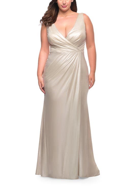 La Femme Metallic Jersey Plus Gown With Slit And V Neckline