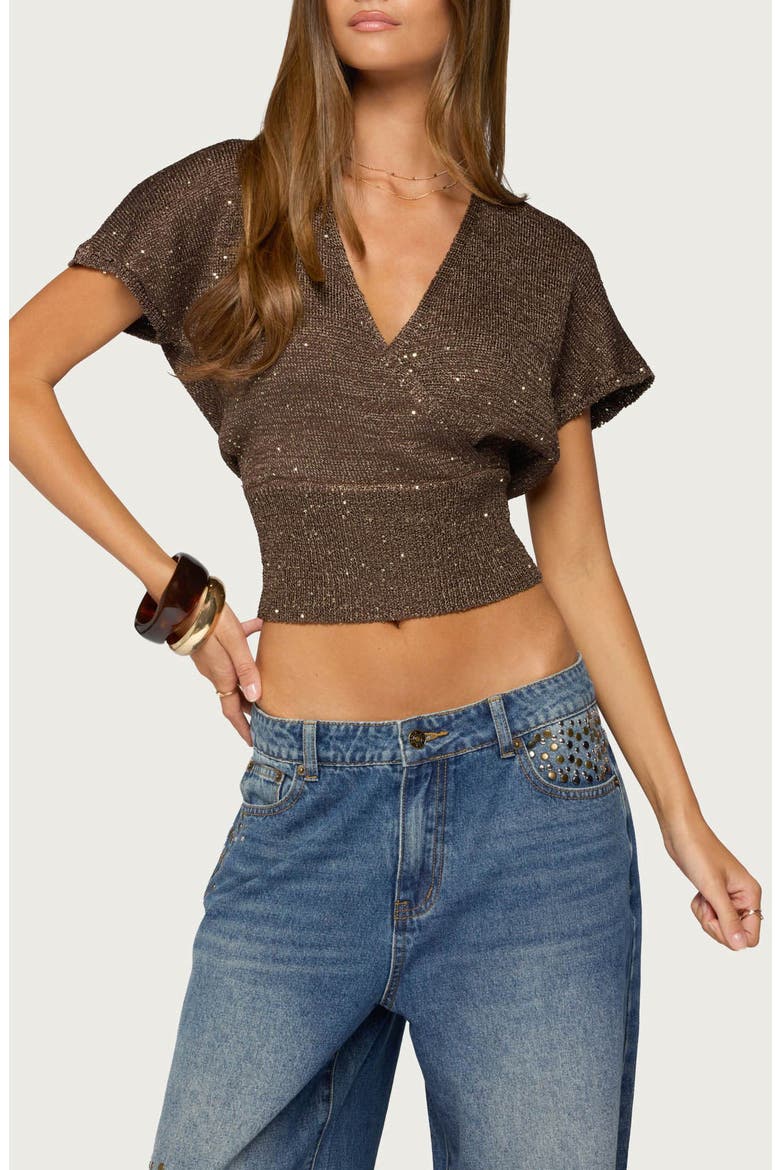 Shirah Sequin Open Back Knit Top, Main, color, BROWN