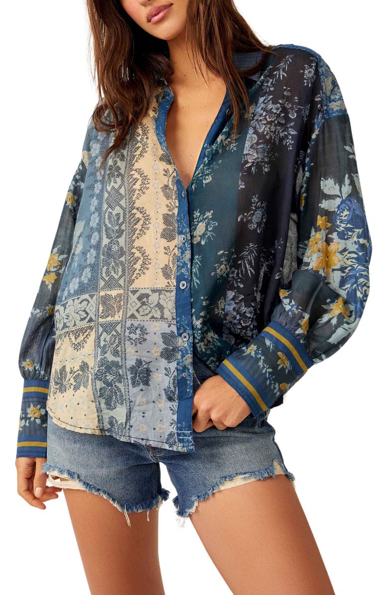 Free People Flower Patch Mixed Print Cotton Button-Up Shirt, Main, color, 