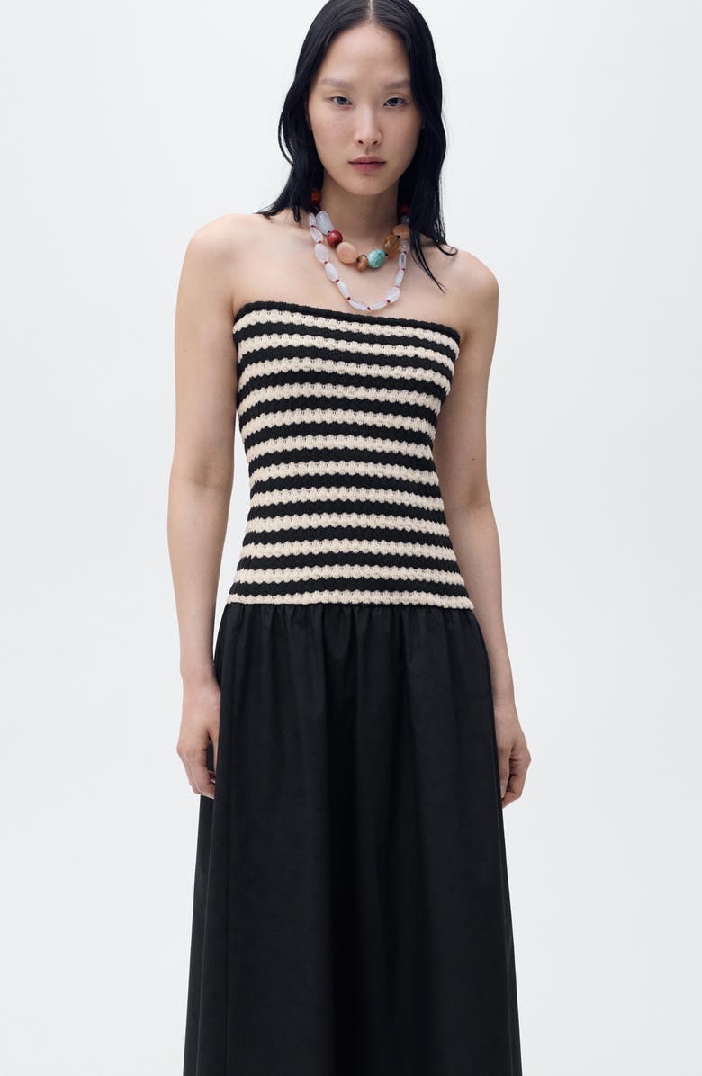 MANGO Nati Strapless Mixed Media Maxi Dress, Alternate, color, Black