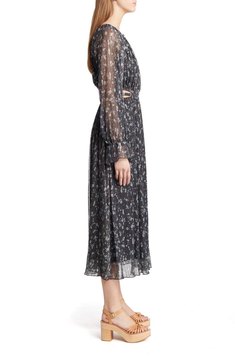 MOON RIVER Smocked Cutout Waist Long Sleeve Midi Dress, Alternate, color, 