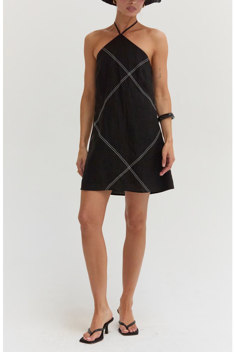 Contrast Stitch Halter Linen Mini Dress, Alternate, color, Black