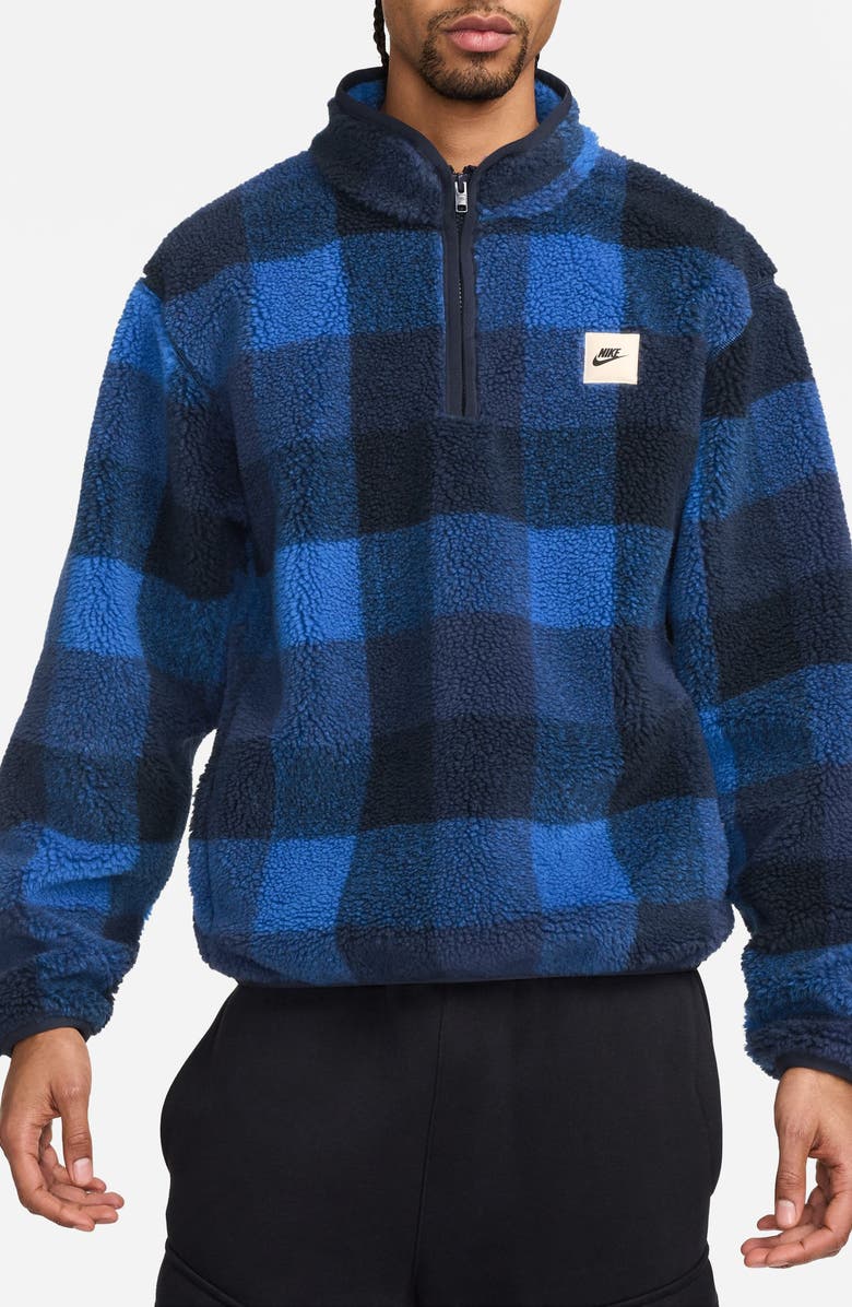 Nike Club Plaid Therma-FIT Fleece Half Zip Pullover, Main, color, Dark Obsidian/ Game Royal