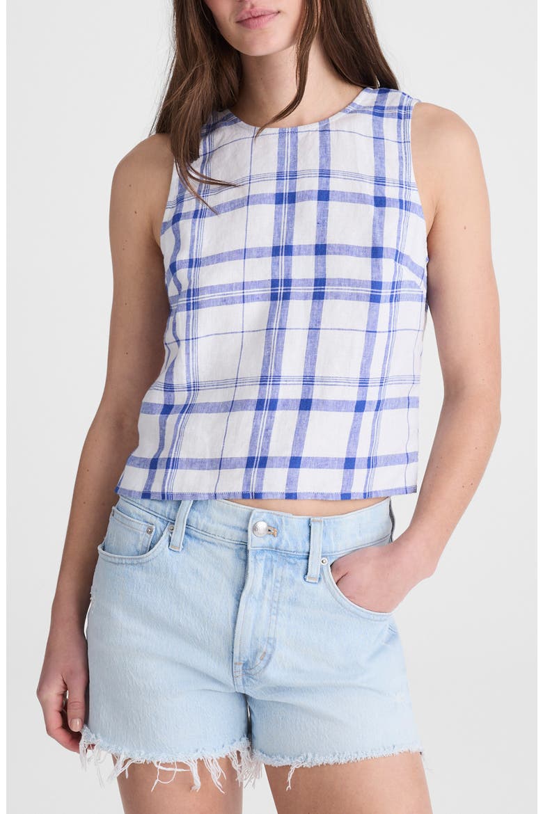 Tie-Back Linen Shell Top, Main, color, OVERSIZED BLUE WHITE PLAID